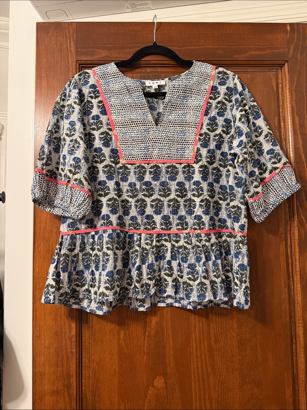 THML Blue Floral Cotton Peplum Top with Pink Trim